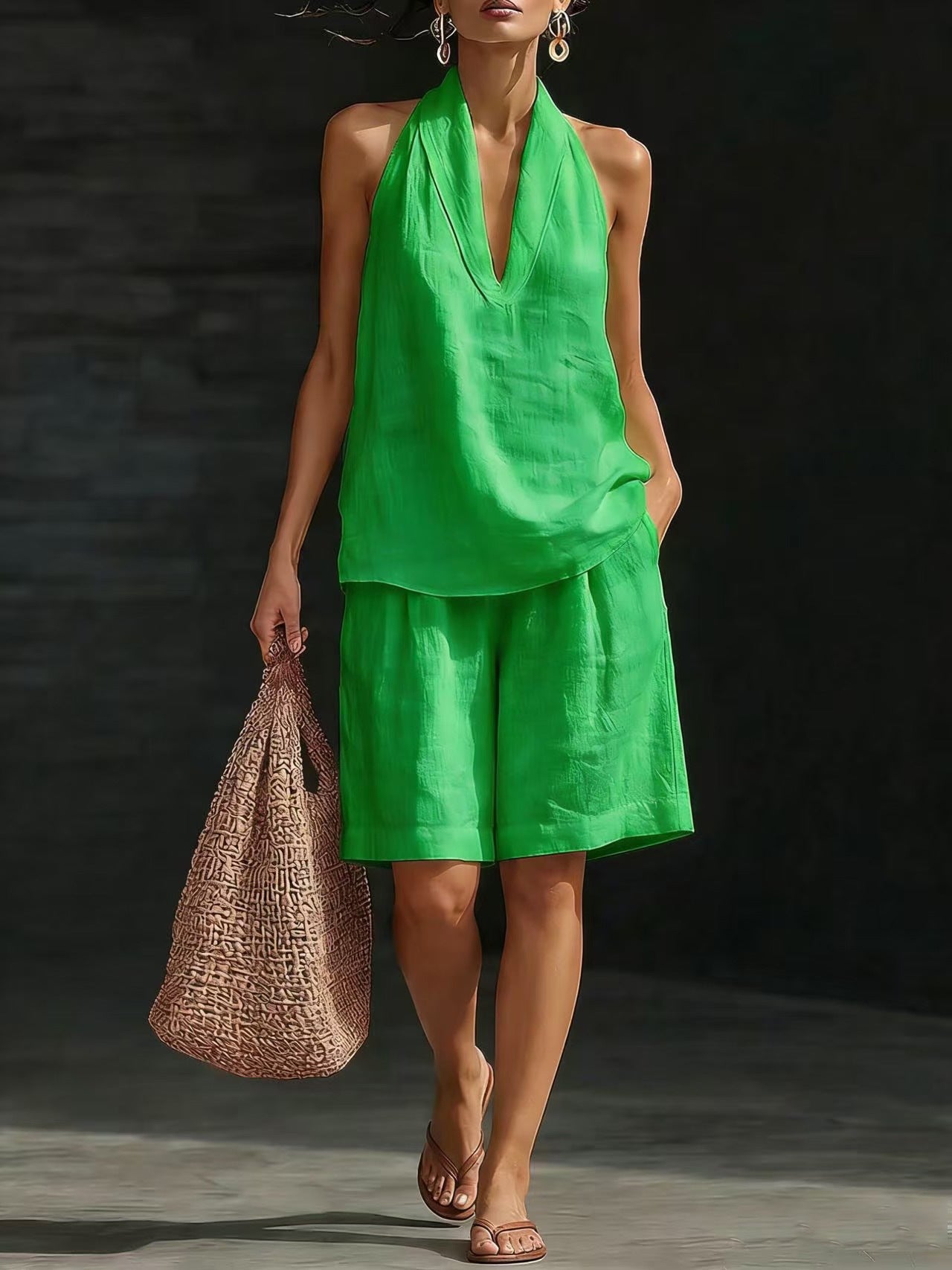 Women's V-neck woven solid colour casual fashion set