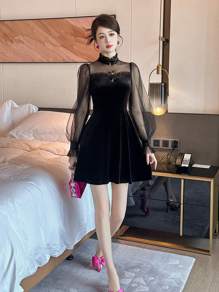 Hepburn-Style Black Velvet Dress for Women, New Spring Fashion, Elegant and Luxurious Birthday Party Dress 80381