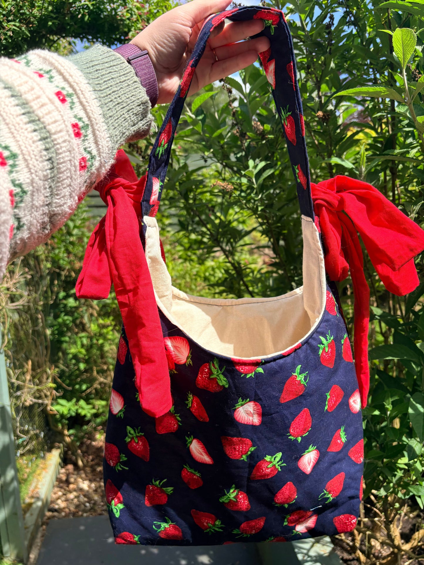 Handmade navy blue red strawberry coquette padded tote bag with bows