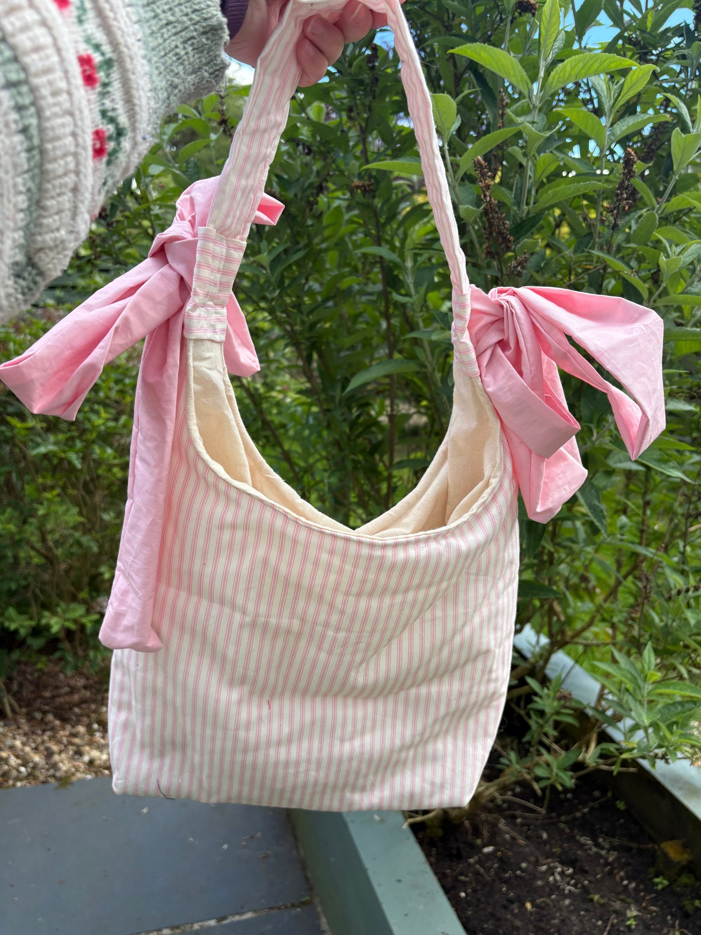 Handmade white and pink stripe coquette padded tote bag with bows
