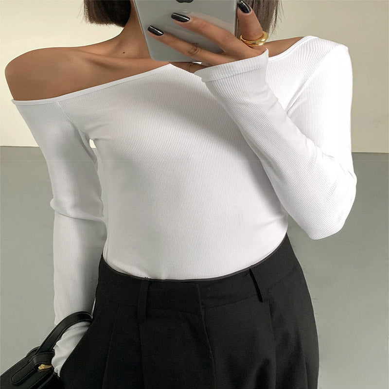 zjh Black Sexy Shoulder Inclined Shoulder Base Shirt Women's Autumn All-match Long-sleeved T-shirt Tight Inner Shoulder Shoulder Shoulder Shoulder Shirt