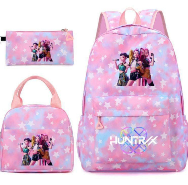 Kpop School Bag Cross-Border Hunting Girl Group Student Three-Piece Set School Bag Large Capacity Backpack Lightweight Cartoon School Bag