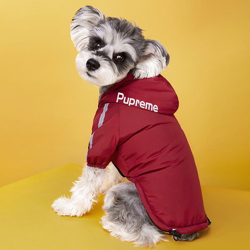 Pet clothes cross-border new winter dog clothing plus velvet padded charge clothes waterproof two-legged hooded clothes wholesale