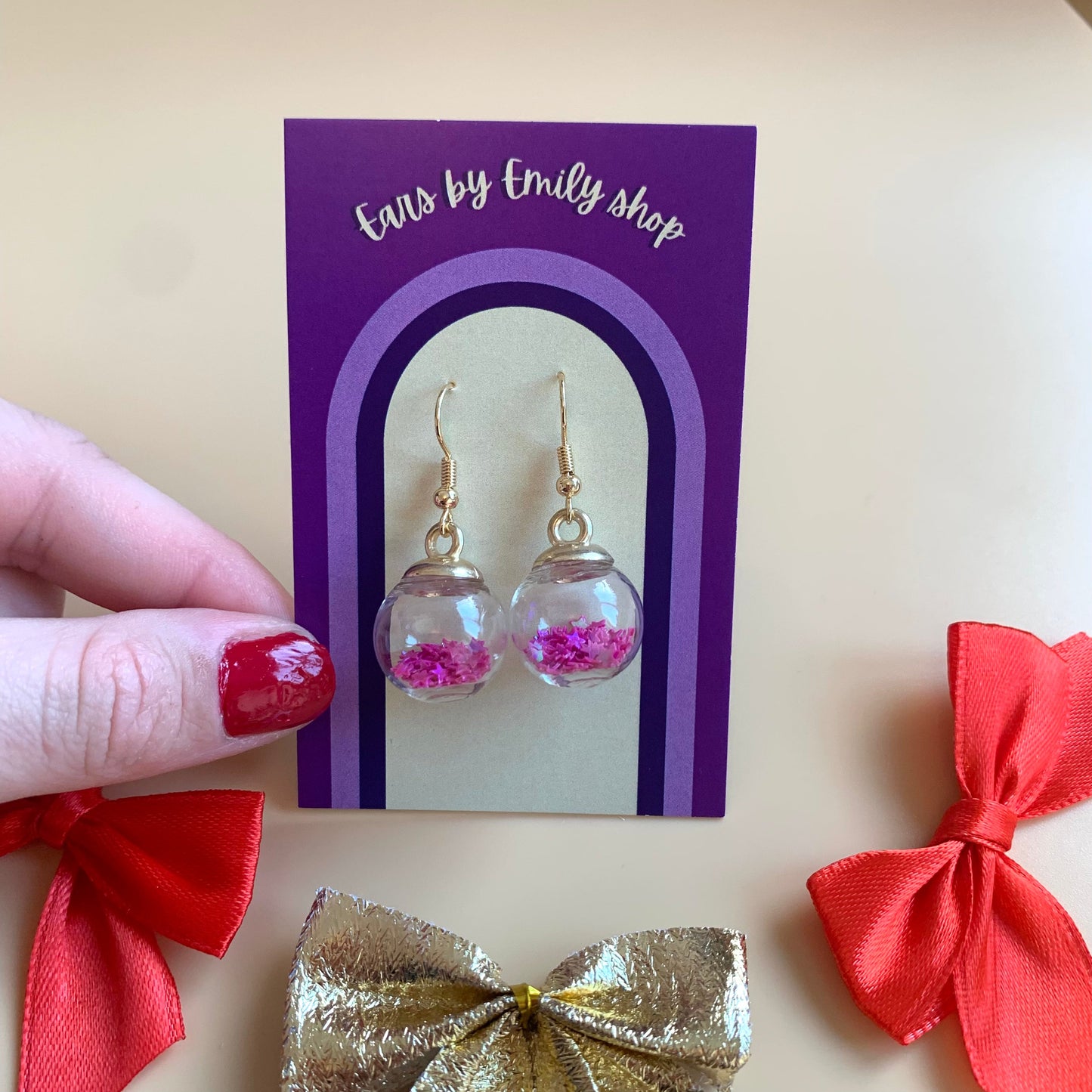 Festive pink Christmas bauble gold earrings