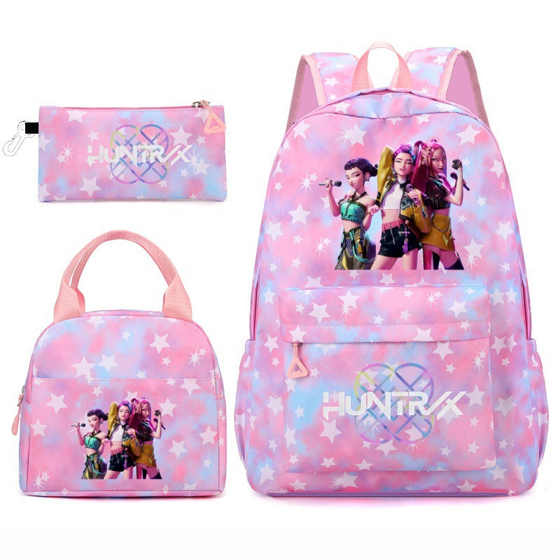Kpop School Bag Cross-Border Hunting Girl Group Student Three-Piece Set School Bag Large Capacity Backpack Lightweight Cartoon School Bag