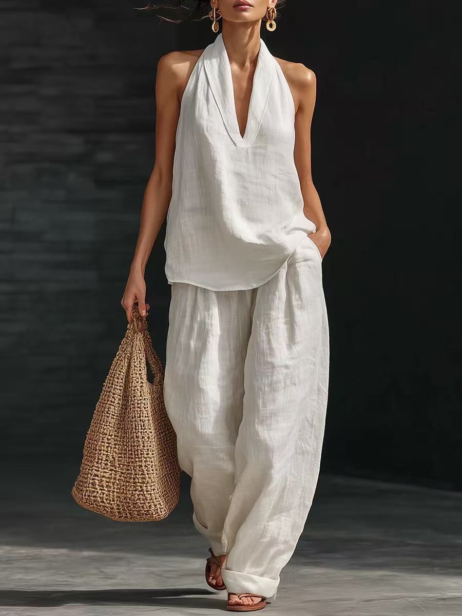 Women's V-neck woven solid colour casual fashion set