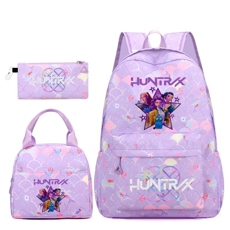 Kpop School Bag Cross-Border Hunting Girl Group Student Three-Piece Set School Bag Large Capacity Backpack Lightweight Cartoon School Bag