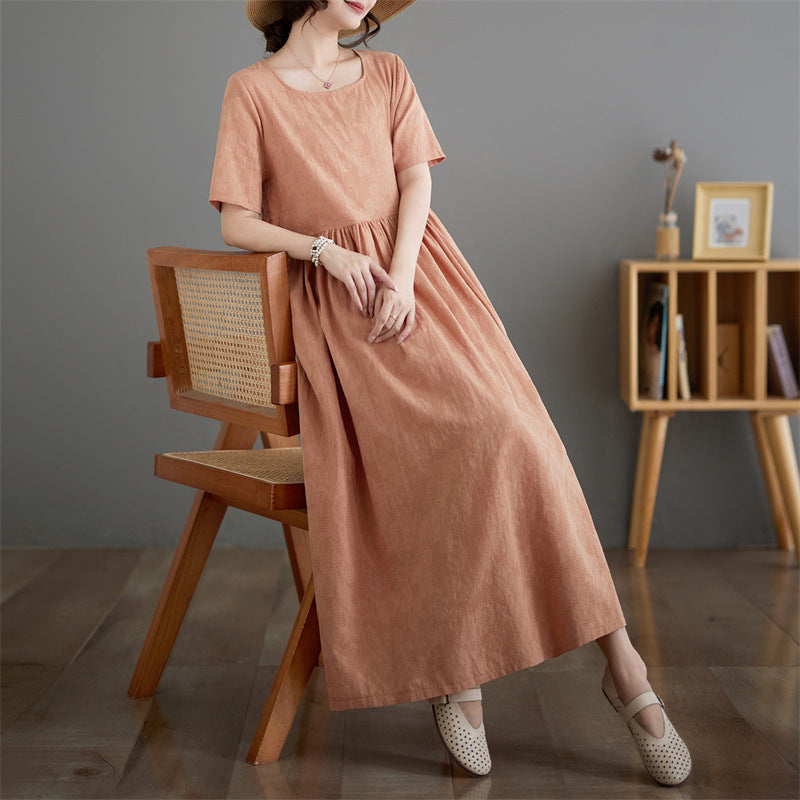 2025 New Cotton and Linen Jacquard Loose-Fitting Round Neck Solid Color Plus-Size Women's Short-Sleeve Dress