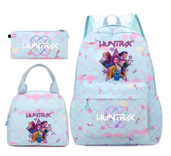 Kpop School Bag Cross-Border Hunting Girl Group Student Three-Piece Set School Bag Large Capacity Backpack Lightweight Cartoon School Bag