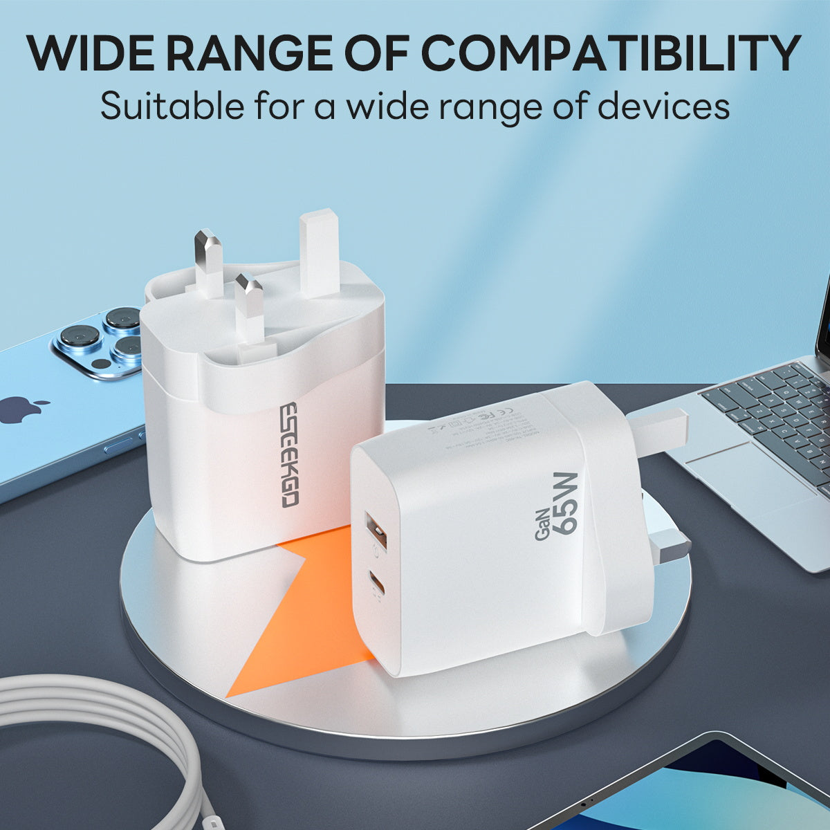 Eseekgo 65W GaN Wall Charger — Compact Dual-Port Ultra-Fast Charger for Laptops & Phones