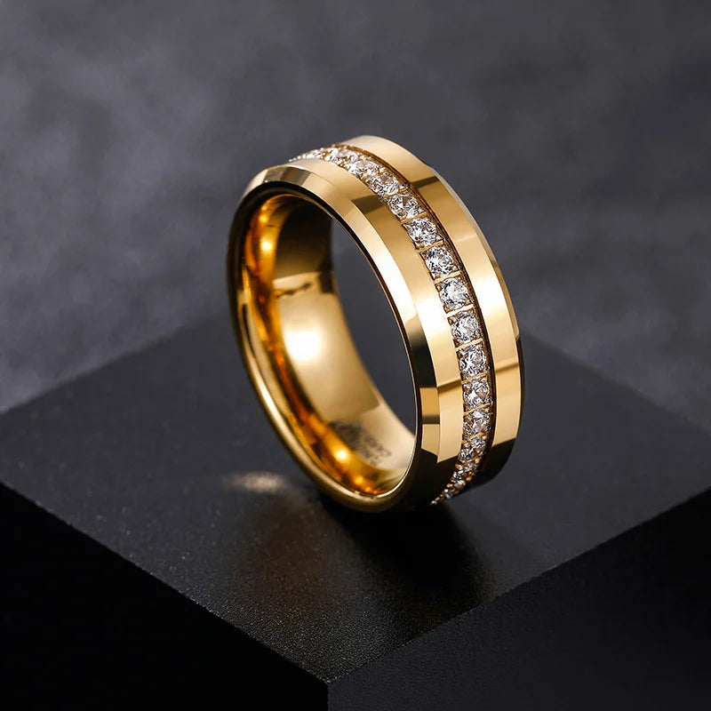 Gold Tungsten Steel Ring with Stone Star Same Style 8mm Zirconium Tungsten Steel Ring Non-Fading High-End Men's Ring
