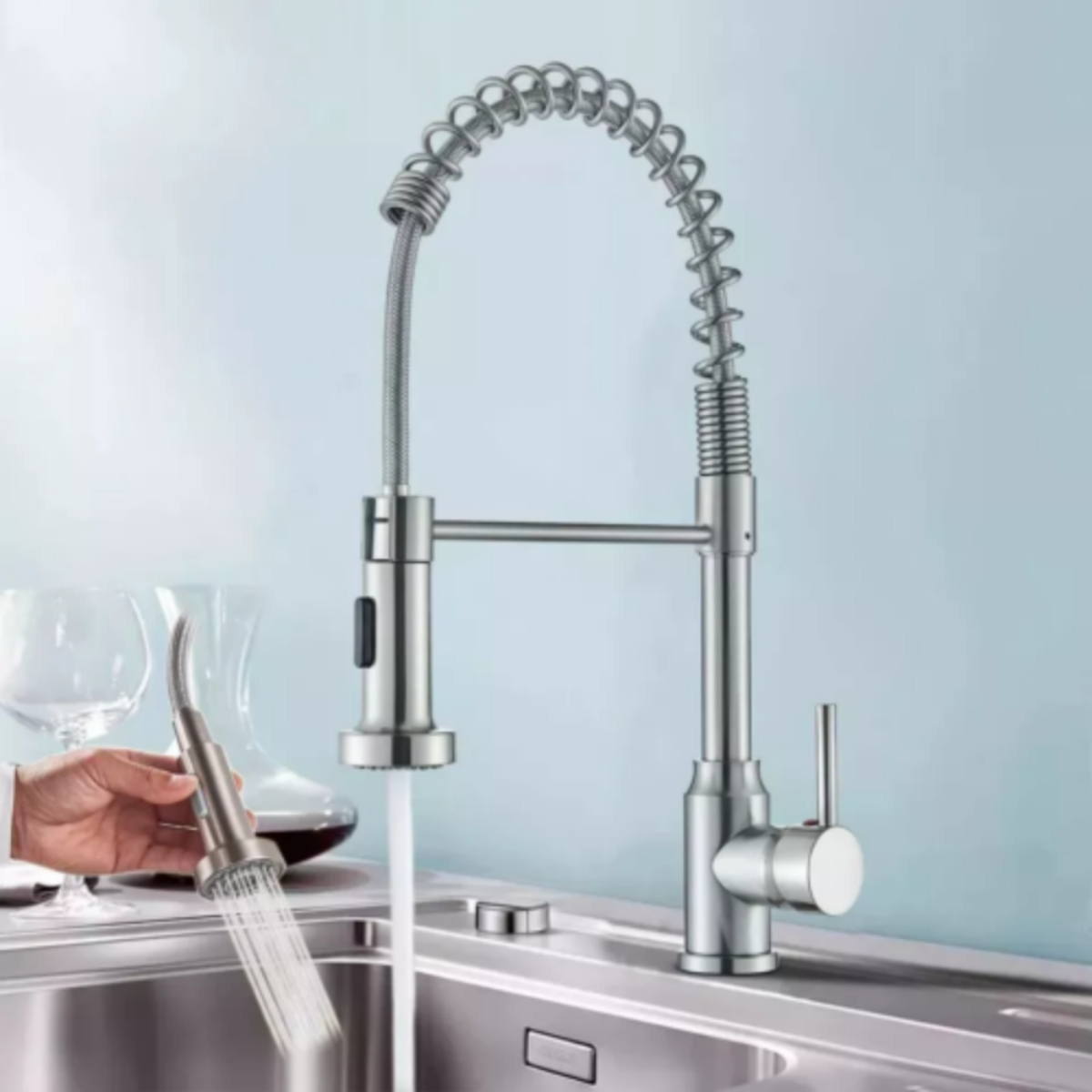 Monobloc Silver Kitchen Sink Mixer Taps with Pull Out Hose Spray Single LeverTap