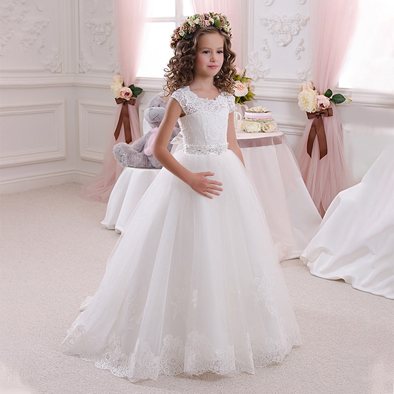 Cross-border European and American Foreign Trade Children's Wedding Dress Lace Bow Sleeveless Birthday Girl's Puffy Princess Long Dress