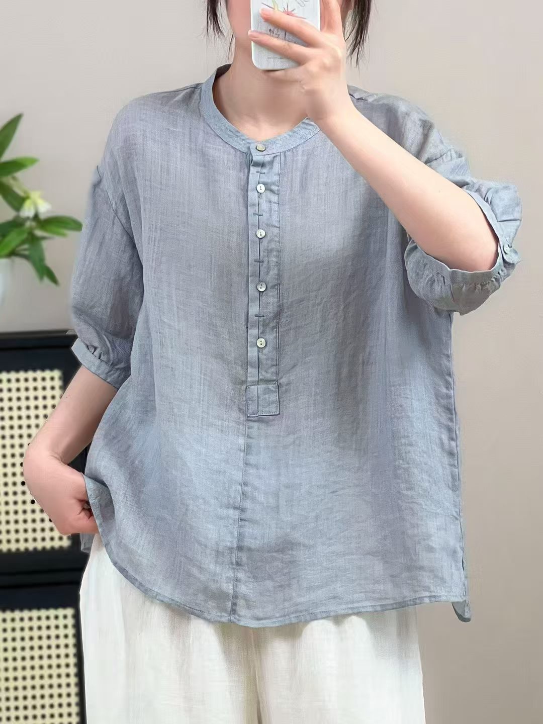 New Summer Ramie Shirt with Half-Button Closure, Artistic Round Neck, Simple Loose Fit Pullover Shirt with Mid-Sleeves