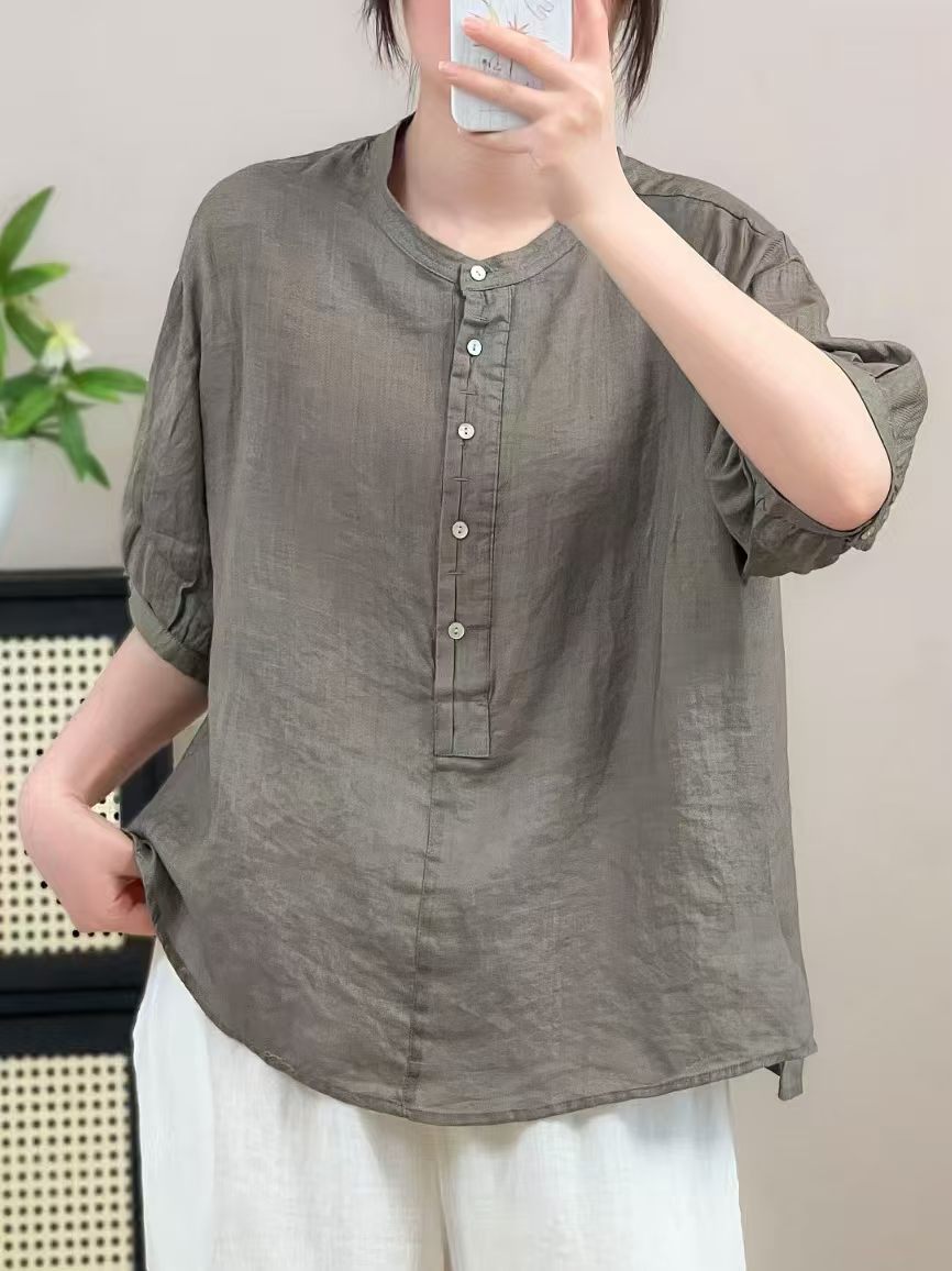 New Summer Ramie Shirt with Half-Button Closure, Artistic Round Neck, Simple Loose Fit Pullover Shirt with Mid-Sleeves