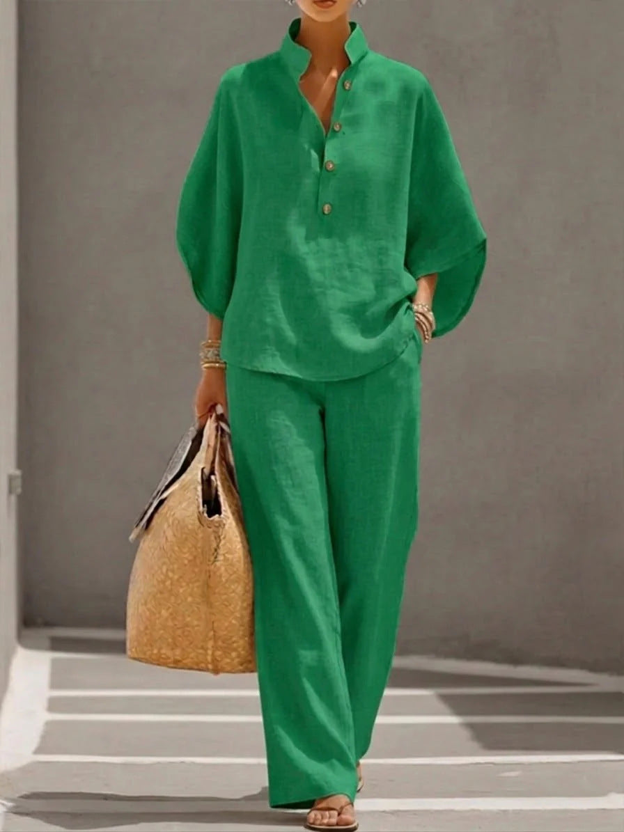 2026 Spring/Summer New Loose Stand Collar Batwing Sleeve Top and Wide Leg Pants Two-Piece Set, Casual Linen Suit