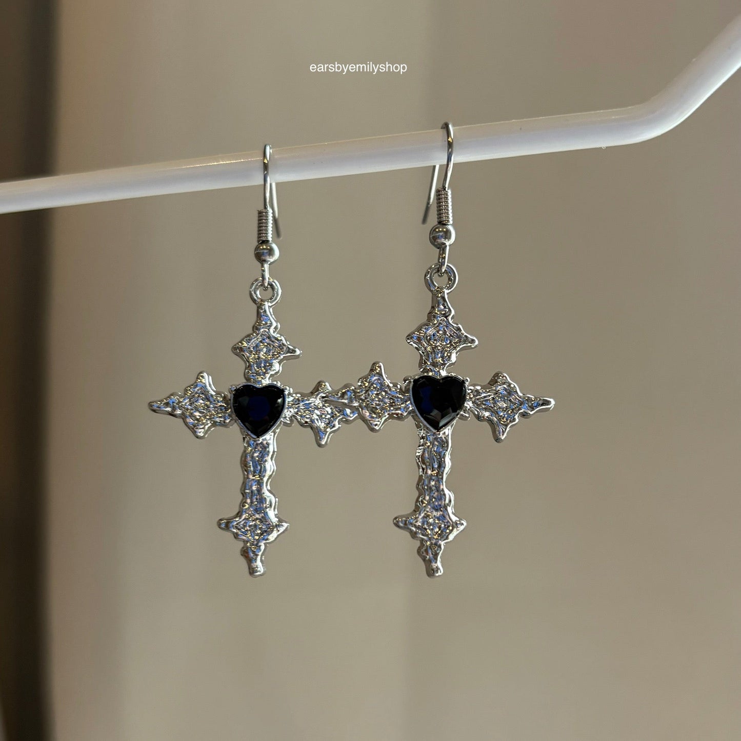 Cool silver with black heart cross drop dangle earrings on hypoallergenic surgical steel hooks