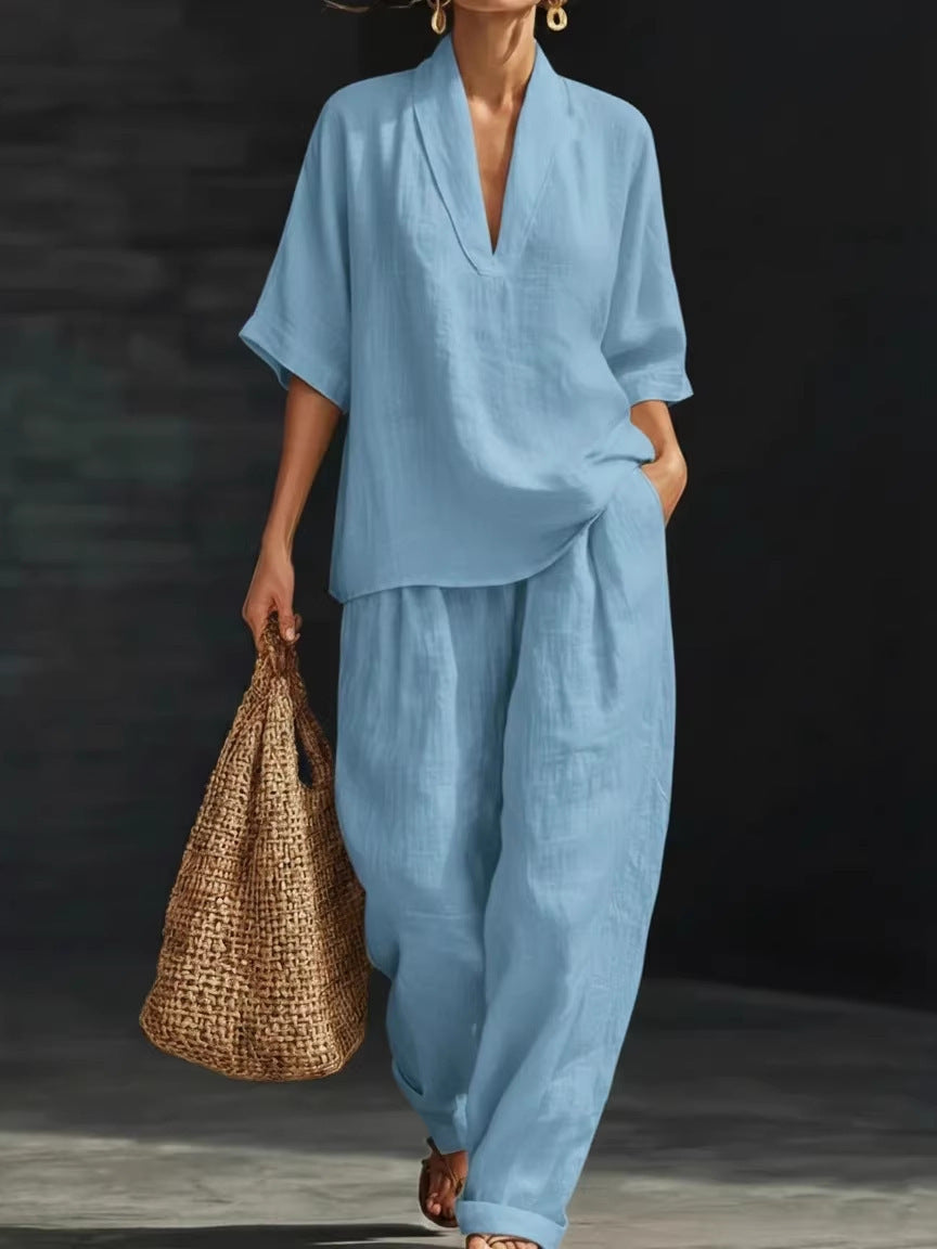 Women's V-neck woven solid colour casual fashion set