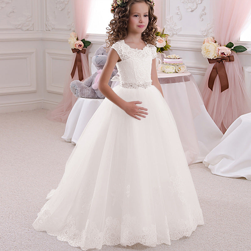 Cross-border European and American Foreign Trade Children's Wedding Dress Lace Bow Sleeveless Birthday Girl's Puffy Princess Long Dress
