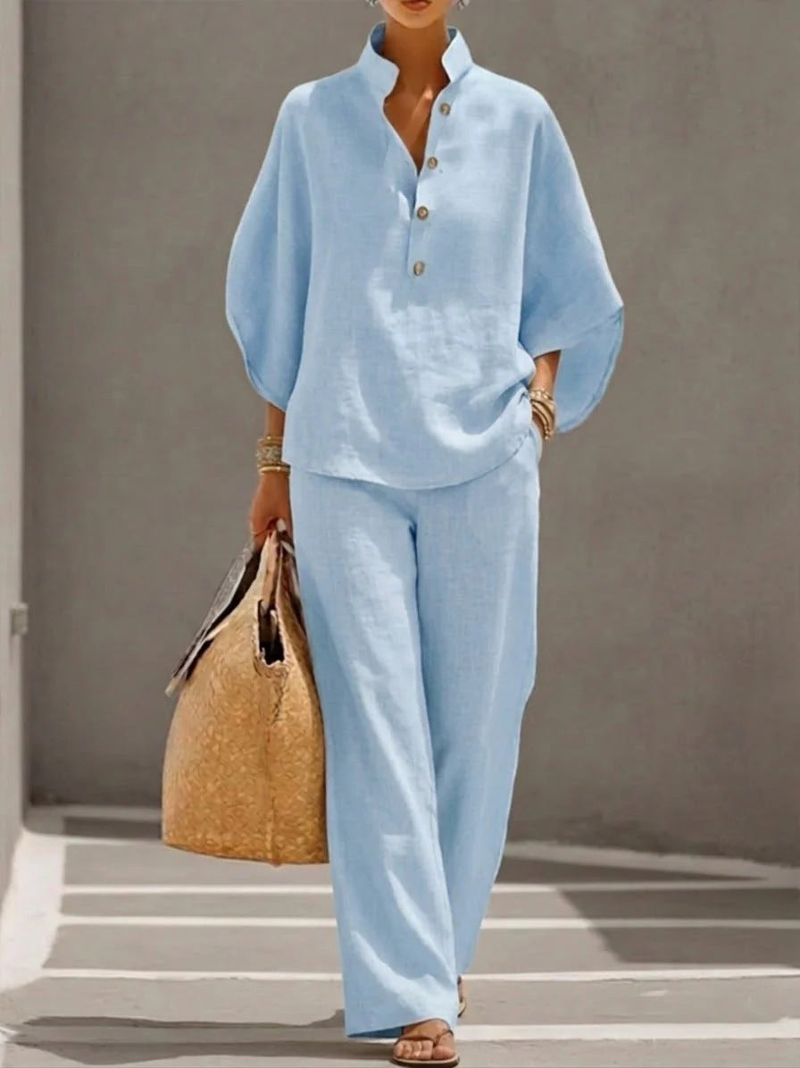 2026 Spring/Summer New Loose Stand Collar Batwing Sleeve Top and Wide Leg Pants Two-Piece Set, Casual Linen Suit