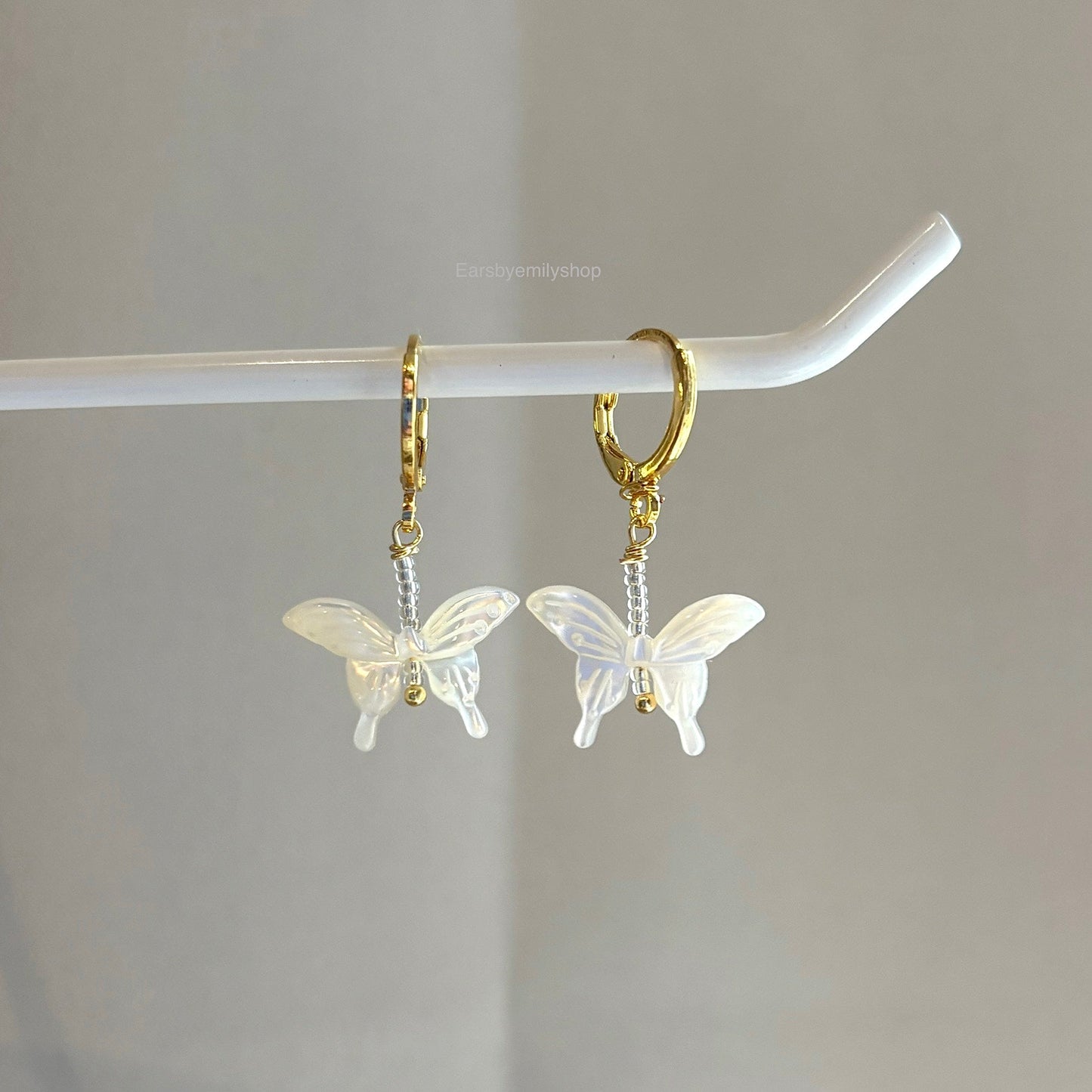 Mother of pearl beaded butterfly drop dangle gold plated huggie hoop earrings