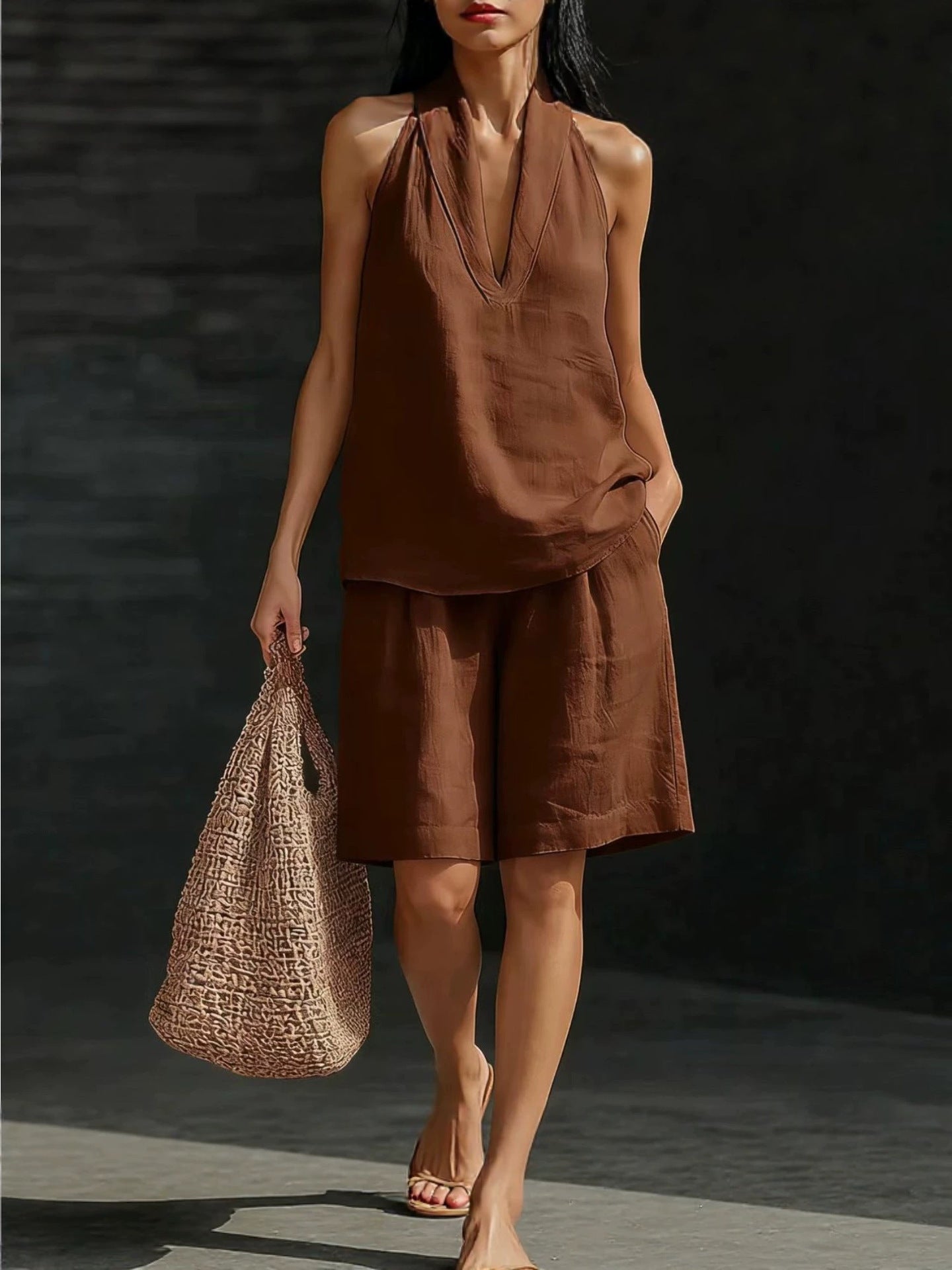 Women's V-neck woven solid colour casual fashion set