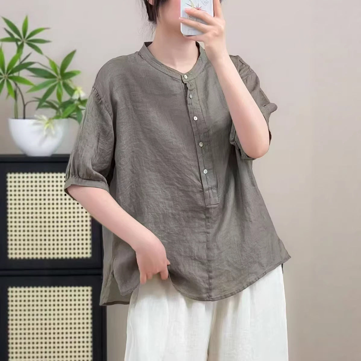 New Summer Ramie Shirt with Half-Button Closure, Artistic Round Neck, Simple Loose Fit Pullover Shirt with Mid-Sleeves