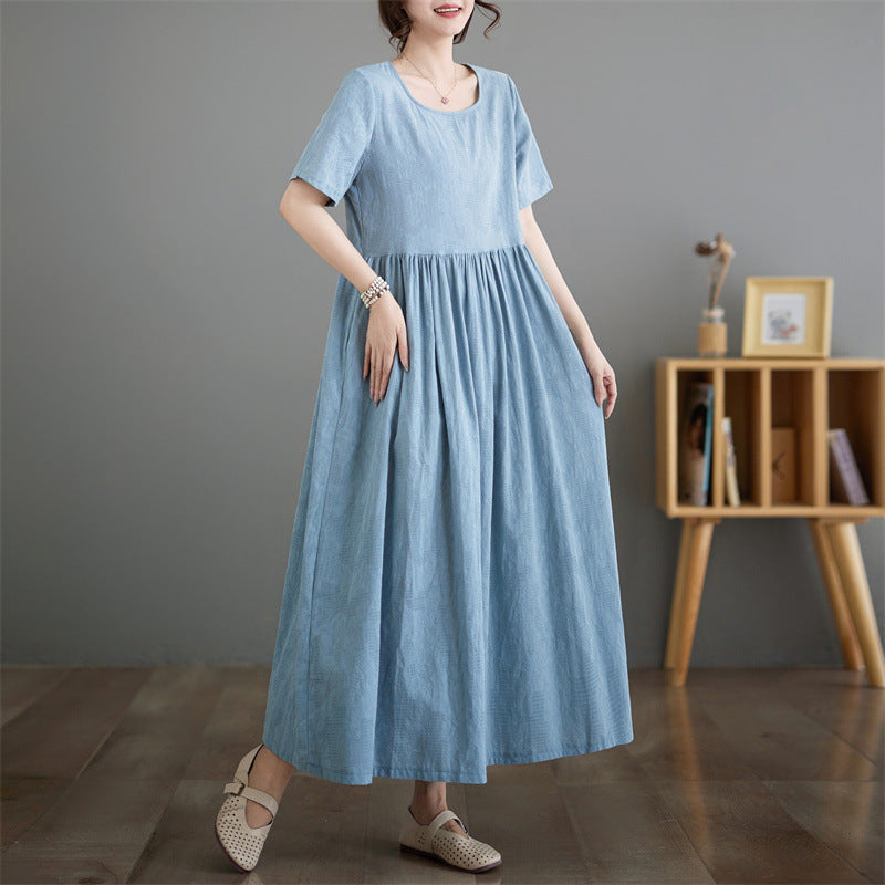 2025 New Cotton and Linen Jacquard Loose-Fitting Round Neck Solid Color Plus-Size Women's Short-Sleeve Dress