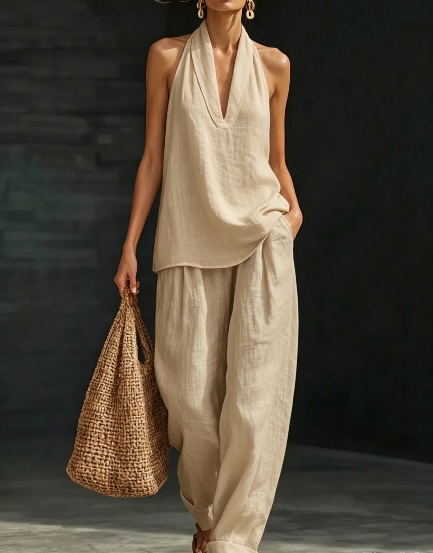 Women's V-neck woven solid colour casual fashion set
