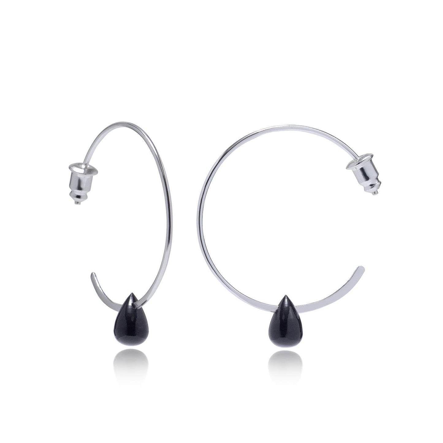 Hera Wire Hoop Earrings with Teardrop Stone: Silver Black Onyx