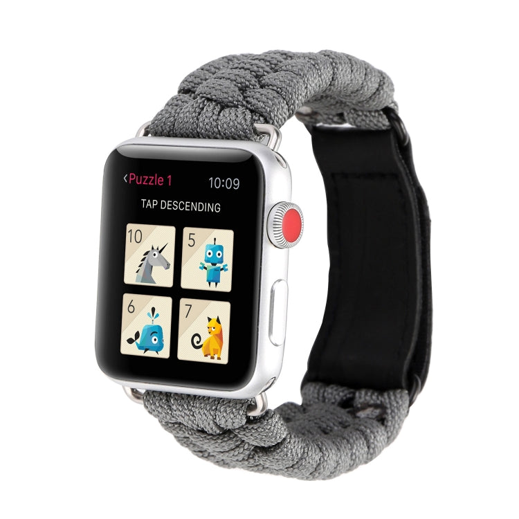 Magic Paste Genuine Leather Umbrella Rope Nylon Wrist Watch Band with Stainless Steel Buckle for Apple Watch Ultra 49mm&Watch Ultra 2 49mm / Series 10 46mm / 9&8&7 45mm / SE 3&SE 2&6&SE&5&4 44mm / 3&2&1 42mm, 7 45mm / 6&SE&5&4 44mm / 3&2&1 42mm