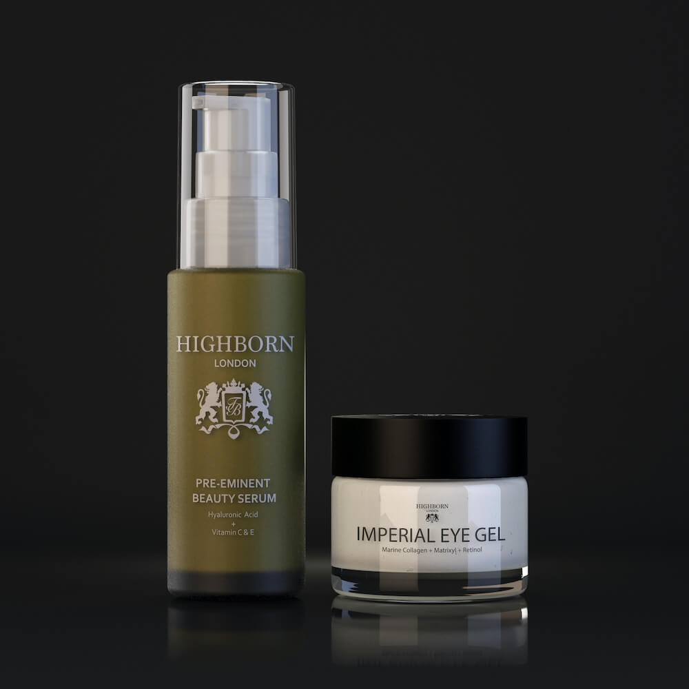 Highborn Revive and Defy Starter Set with Pre-Eminent Beauty Serum and Imperial Eye Gel for skin rejuvenation and anti-aging.