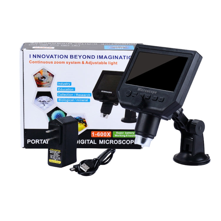 G600 600X 3.6MP 4.3 inch HD LCD Display USB Charging Portable Digital Microscope with LED Light, Support Micro SD Card(64GB Max), US Plug, AC 100-240V, US Plug