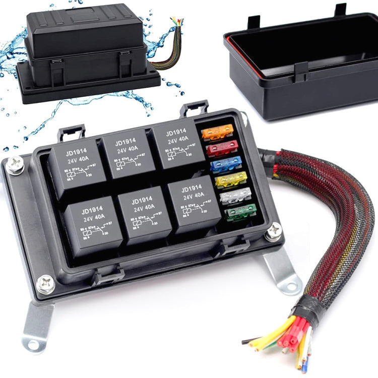 24V 4 Pin Car 6 Slots Waterproof Relay Fuse Box with Cable, 24V 4 Pin