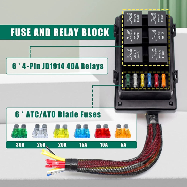 24V 4 Pin Car 6 Slots Waterproof Relay Fuse Box with Cable, 24V 4 Pin