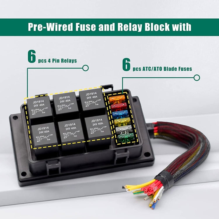 24V 4 Pin Car 6 Slots Waterproof Relay Fuse Box with Cable, 24V 4 Pin