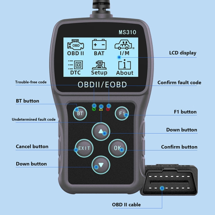 MS310 LCD Screen Car Battery Tester ODB2 Fault Detector, ODB2 Fault Detector