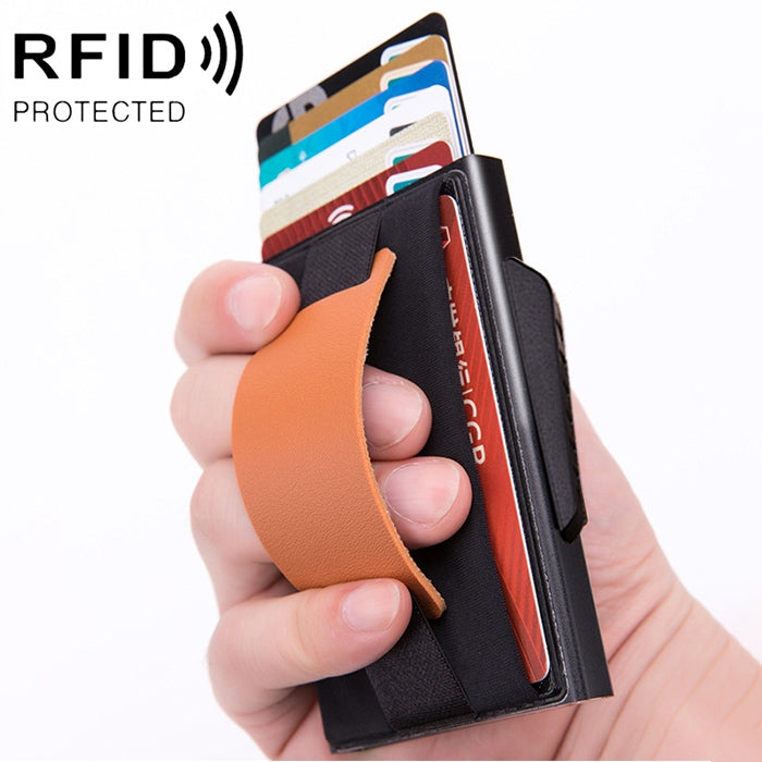 X-32C Automatically Pop-up Card Type Anti-magnetic RFID Anti-theft Men Aluminum Alloy B Dial Button Elastic Bag Wallet with PU Leather Strap, X-32C B Dial Button Blue, X-32C B Dial Button Black, X-32C B Dial Button Grey