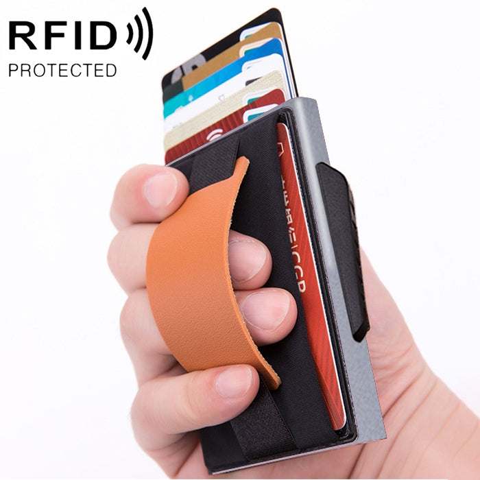 X-32C Automatically Pop-up Card Type Anti-magnetic RFID Anti-theft Men Aluminum Alloy B Dial Button Elastic Bag Wallet with PU Leather Strap, X-32C B Dial Button Blue, X-32C B Dial Button Black, X-32C B Dial Button Grey
