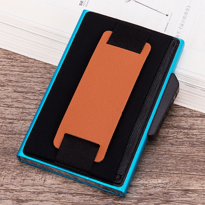 X-32C Automatically Pop-up Card Type Anti-magnetic RFID Anti-theft Men Aluminum Alloy B Dial Button Elastic Bag Wallet with PU Leather Strap, X-32C B Dial Button Blue, X-32C B Dial Button Black, X-32C B Dial Button Grey