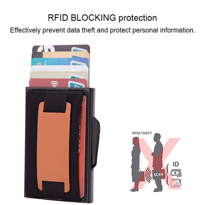 X-32C Automatically Pop-up Card Type Anti-magnetic RFID Anti-theft Men Aluminum Alloy B Dial Button Elastic Bag Wallet with PU Leather Strap, X-32C B Dial Button Blue, X-32C B Dial Button Black, X-32C B Dial Button Grey
