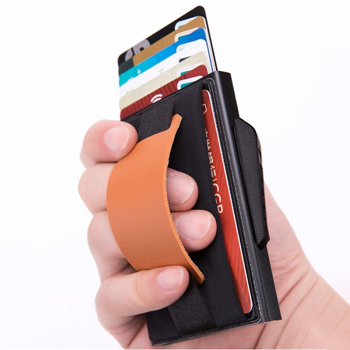 X-32C Automatically Pop-up Card Type Anti-magnetic RFID Anti-theft Men Aluminum Alloy B Dial Button Elastic Bag Wallet with PU Leather Strap, X-32C B Dial Button Blue, X-32C B Dial Button Black, X-32C B Dial Button Grey