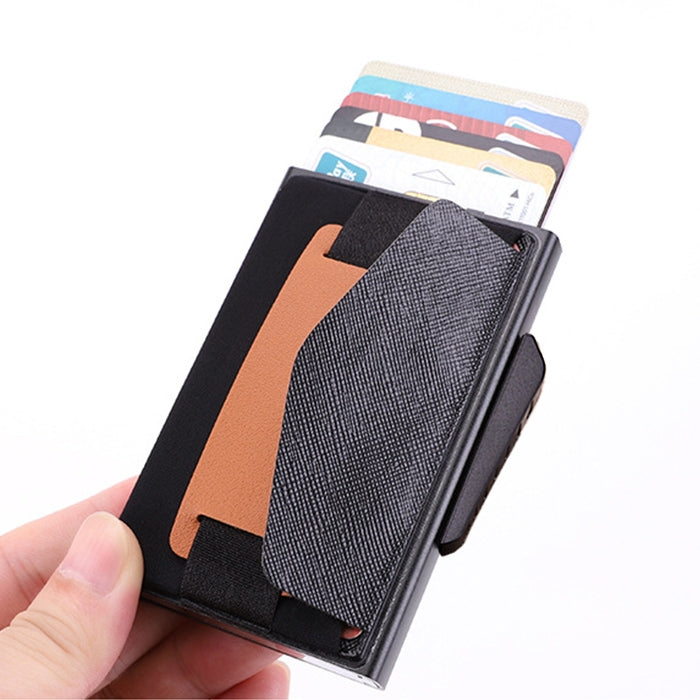 X-32C Automatically Pop-up Card Type Anti-magnetic RFID Anti-theft Men Aluminum Alloy B Dial Button Elastic Bag Wallet with PU Leather Strap, X-32C B Dial Button Blue, X-32C B Dial Button Black, X-32C B Dial Button Grey