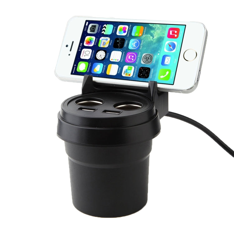 5V 1A+2.4A Two USB Ports & Two Car Cigarette Lighter Socket Car Charger with Holder Function, 5V 1A+2.4A