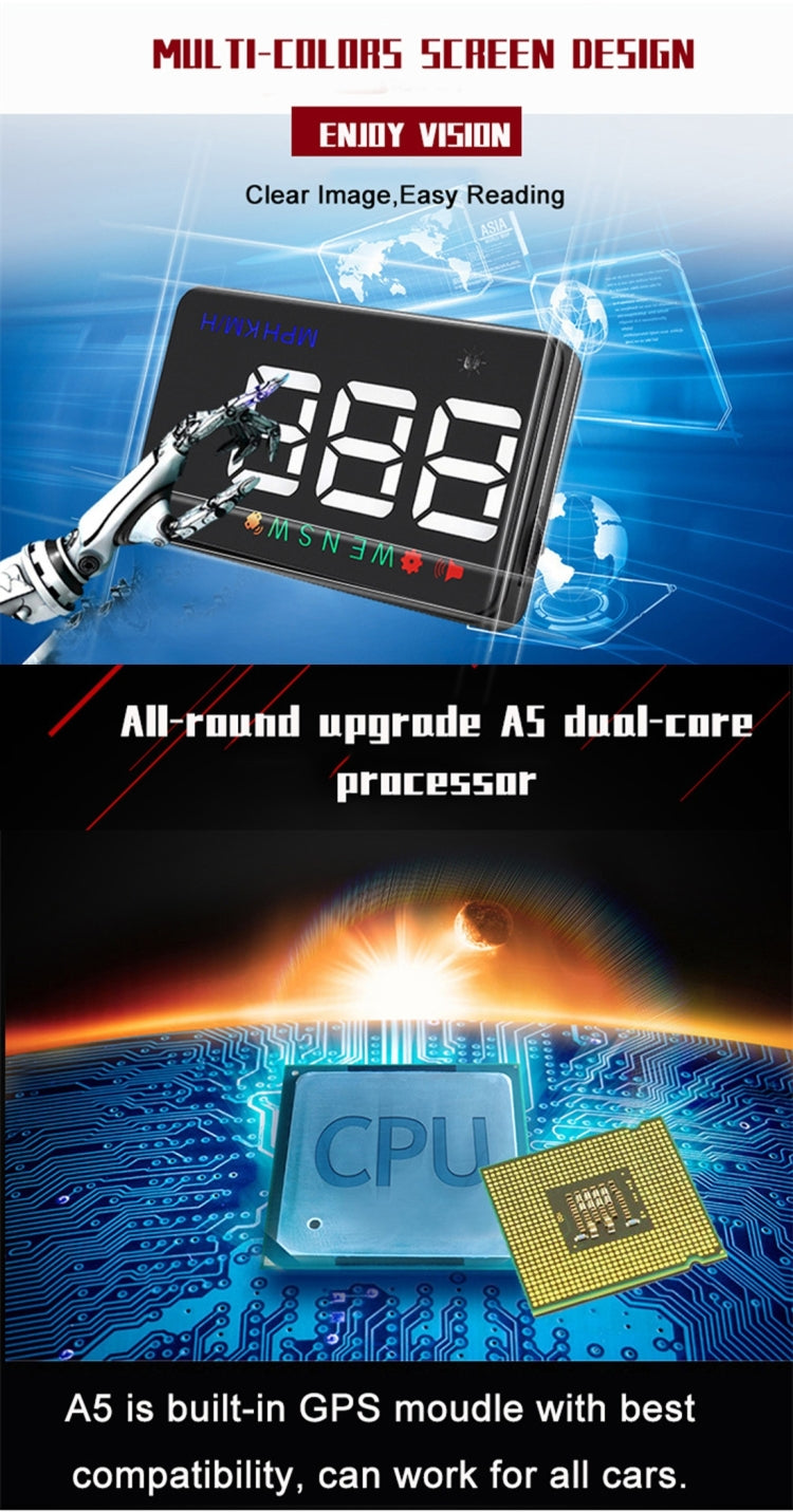 Geyiren A5 HUD 3.5 inch Car Head Up Display with GPS System, Two Mode Display, Light Sensors, KM/h MPH Speed, Compass, Speed Alarm, A5(Black), A5 (Green Light)