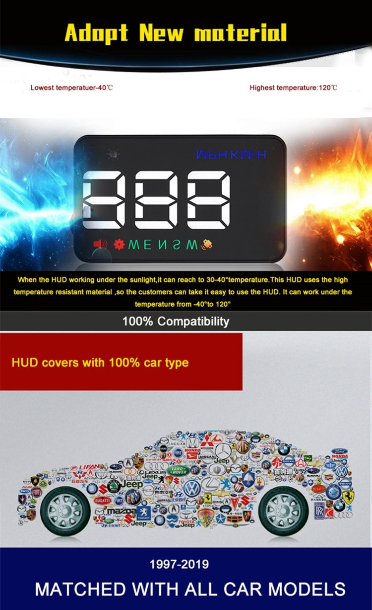 Geyiren A5 HUD 3.5 inch Car Head Up Display with GPS System, Two Mode Display, Light Sensors, KM/h MPH Speed, Compass, Speed Alarm, A5(Black), A5 (Green Light)