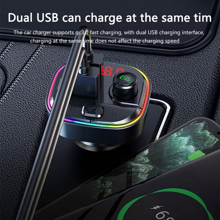 C13 Multifunctional Car Dual USB PD Fast Charger Bluetooth FM Transmitter with Atmosphere Light, C13