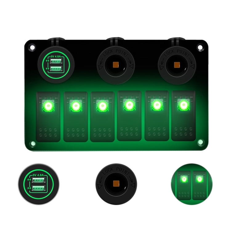 Multi-functional Combination Switch Panel 12V / 24V 6 Way Switches + Dual USB Charger for Car RV Marine Boat, 6 Way (Blue Light), 6 Way (Green Light), 6 Way (Red Light)