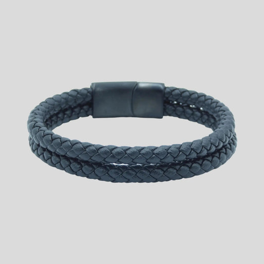 Classic Black Mens Double Leather Bracelet