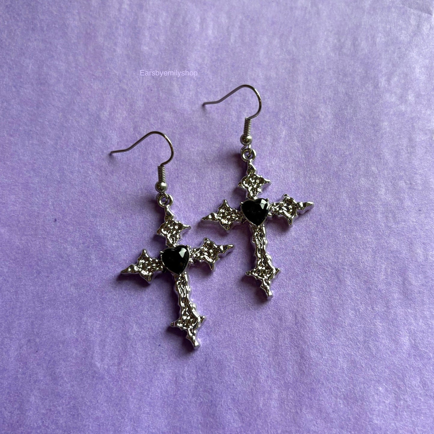 Cool silver with black heart cross drop dangle earrings on hypoallergenic surgical steel hooks
